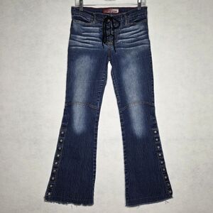Lazer Jeans Low Rise Denim Flare Jeans Lace Up Snaps Y2k Boho Street Rave Size 9
